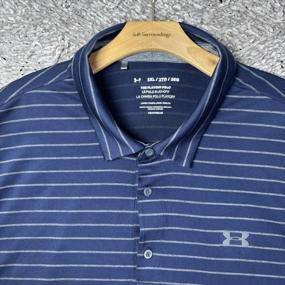 Under Armour The Playoff Polo Mens 3XL Blue Short Sleeve Stripes Stretch Golf